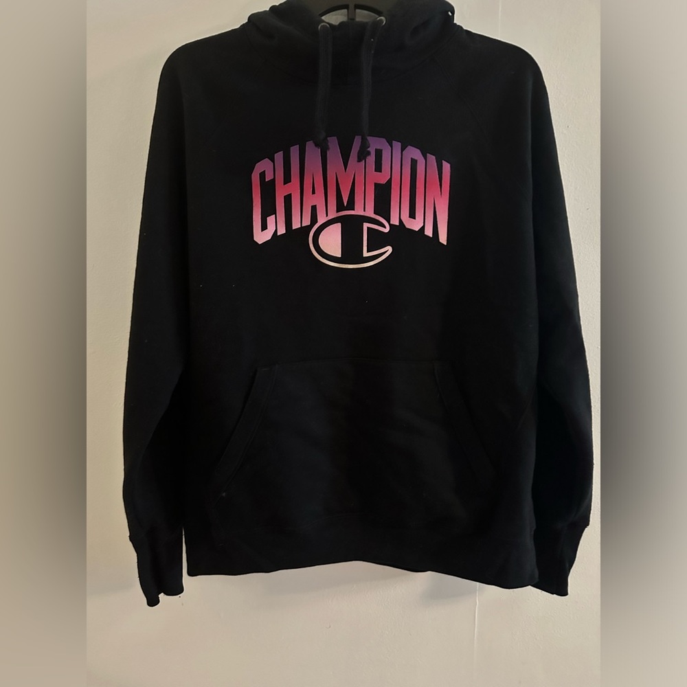 Champion Womens Black Pullover Hoodie Pink Logo Sweat shirt Long Sleeve